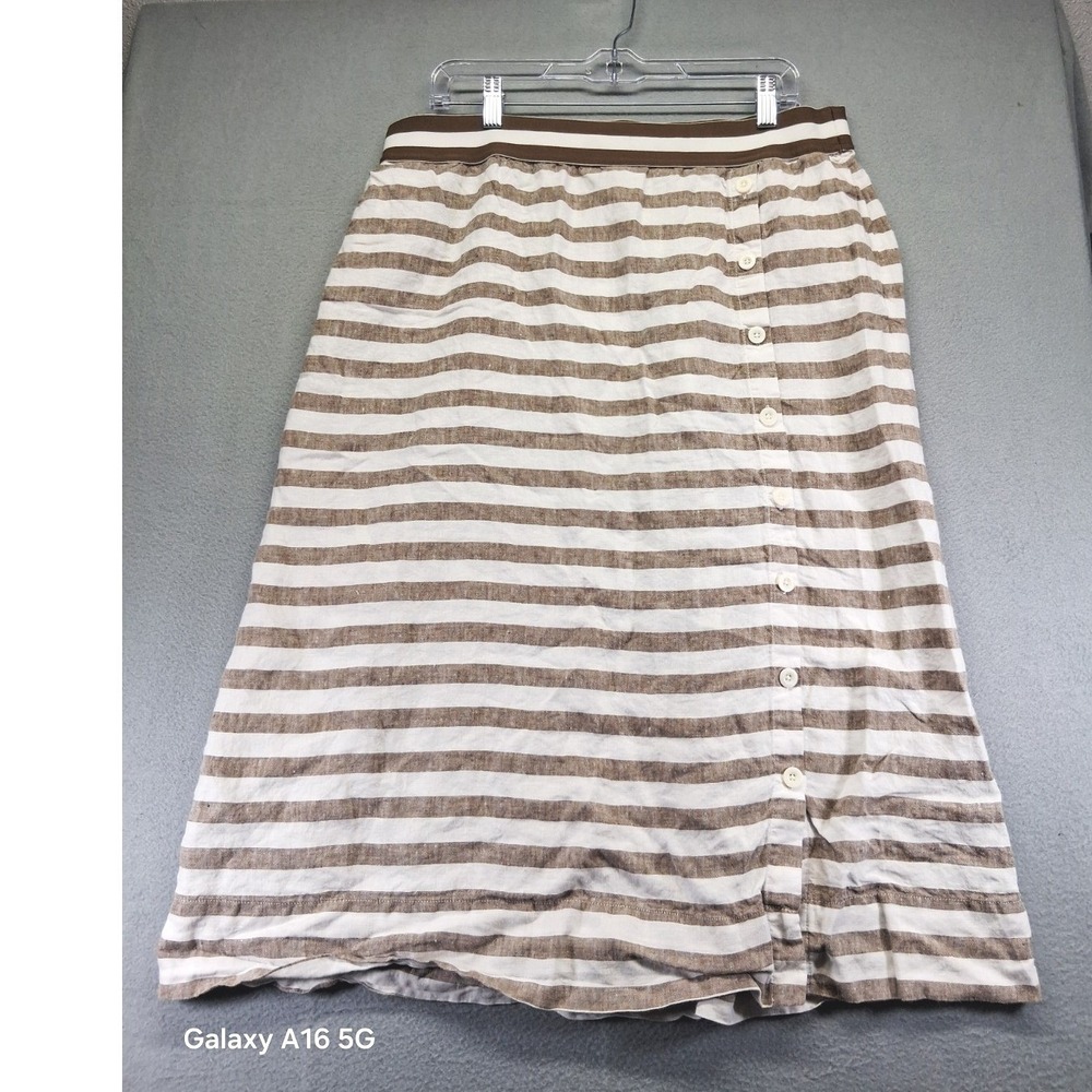 J.Jill Women's Skirt Striped Brown White 100% Linen Elastic‎ Waist